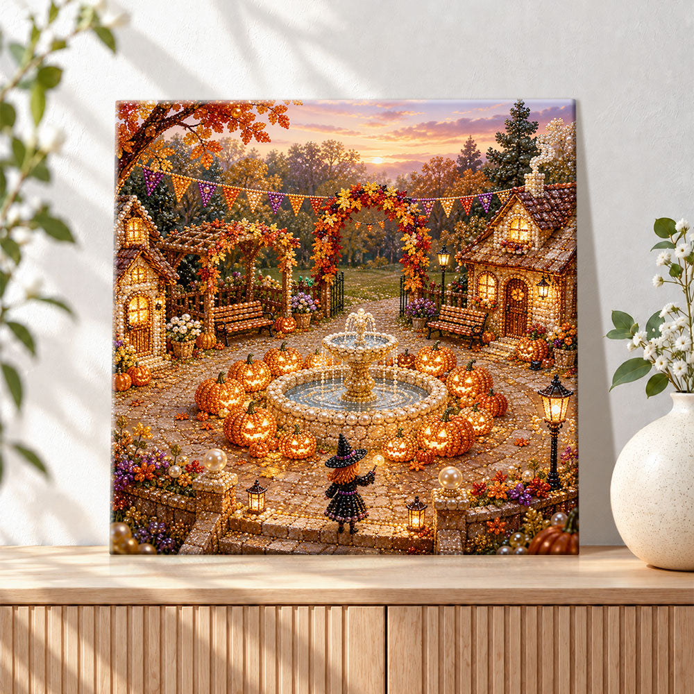 Finished fall pumpkin witch courtyard pearl diamond painting artwork displayed as holiday home decor