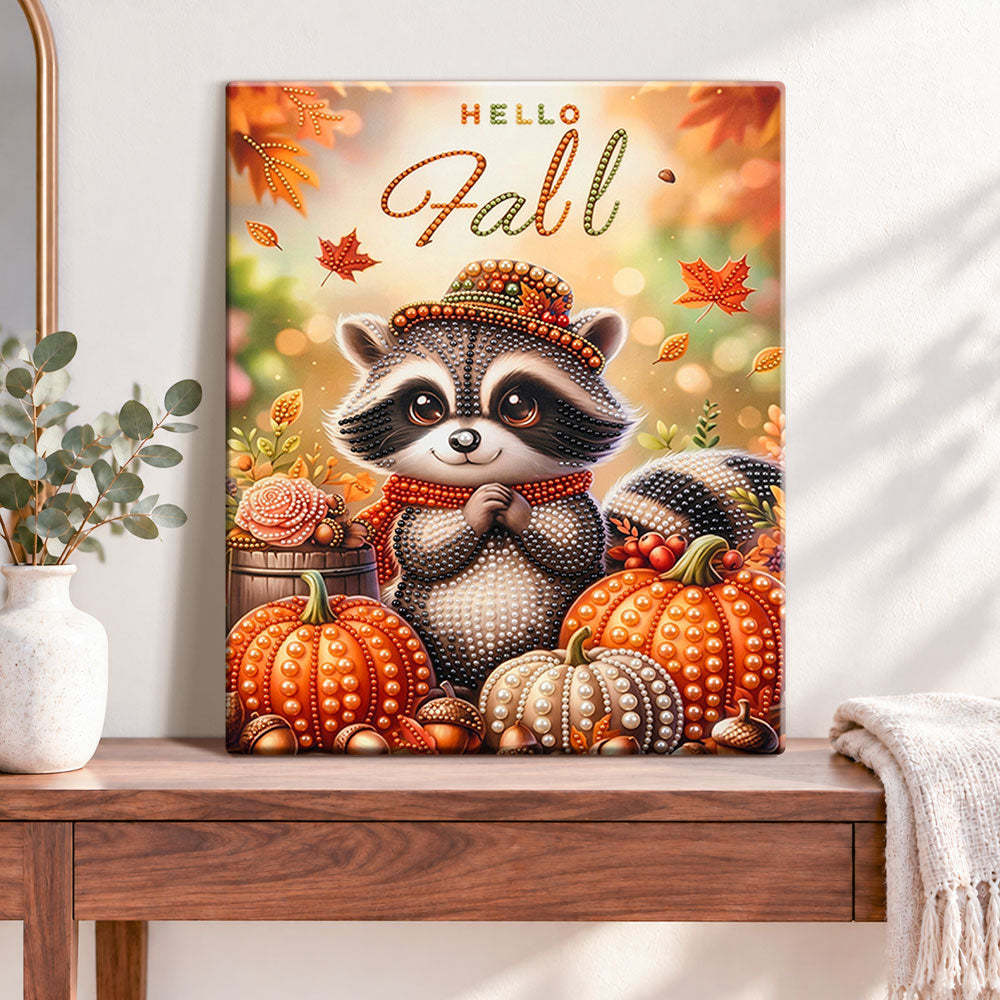 Finished fall raccoon charm pearl diamond painting artwork displayed as home decor