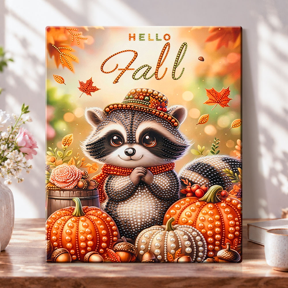 Fall raccoon charm pearl diamond painting kit for beginners