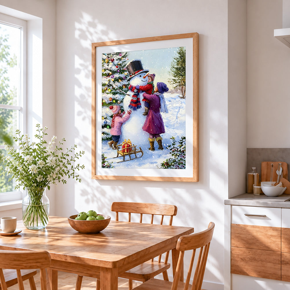 Family building snowman cross stitch artwork displayed on wall as home decor