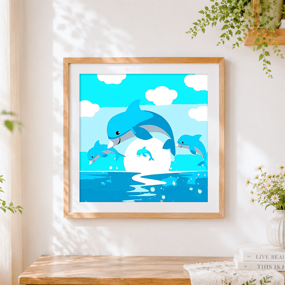 Finished family of dolphins jumping cross stitch artwork displayed