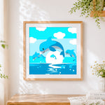 Finished family of dolphins jumping cross stitch artwork displayed