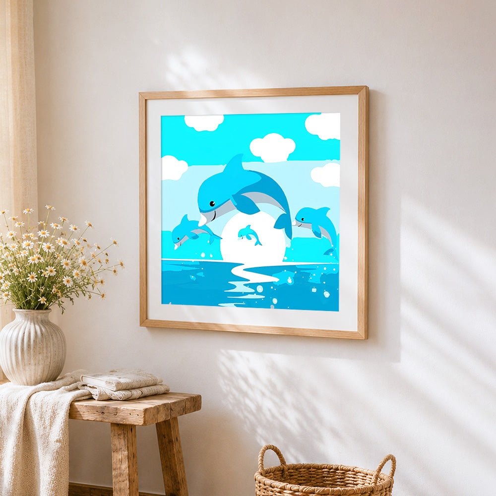 Family of dolphins jumping cross stitch artwork displayed on wall as home decor