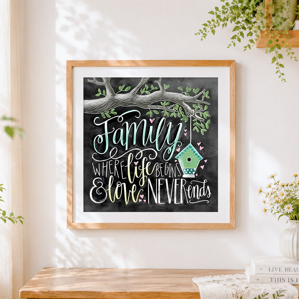 Finished family where life begins and love never ends cross stitch artwork displayed