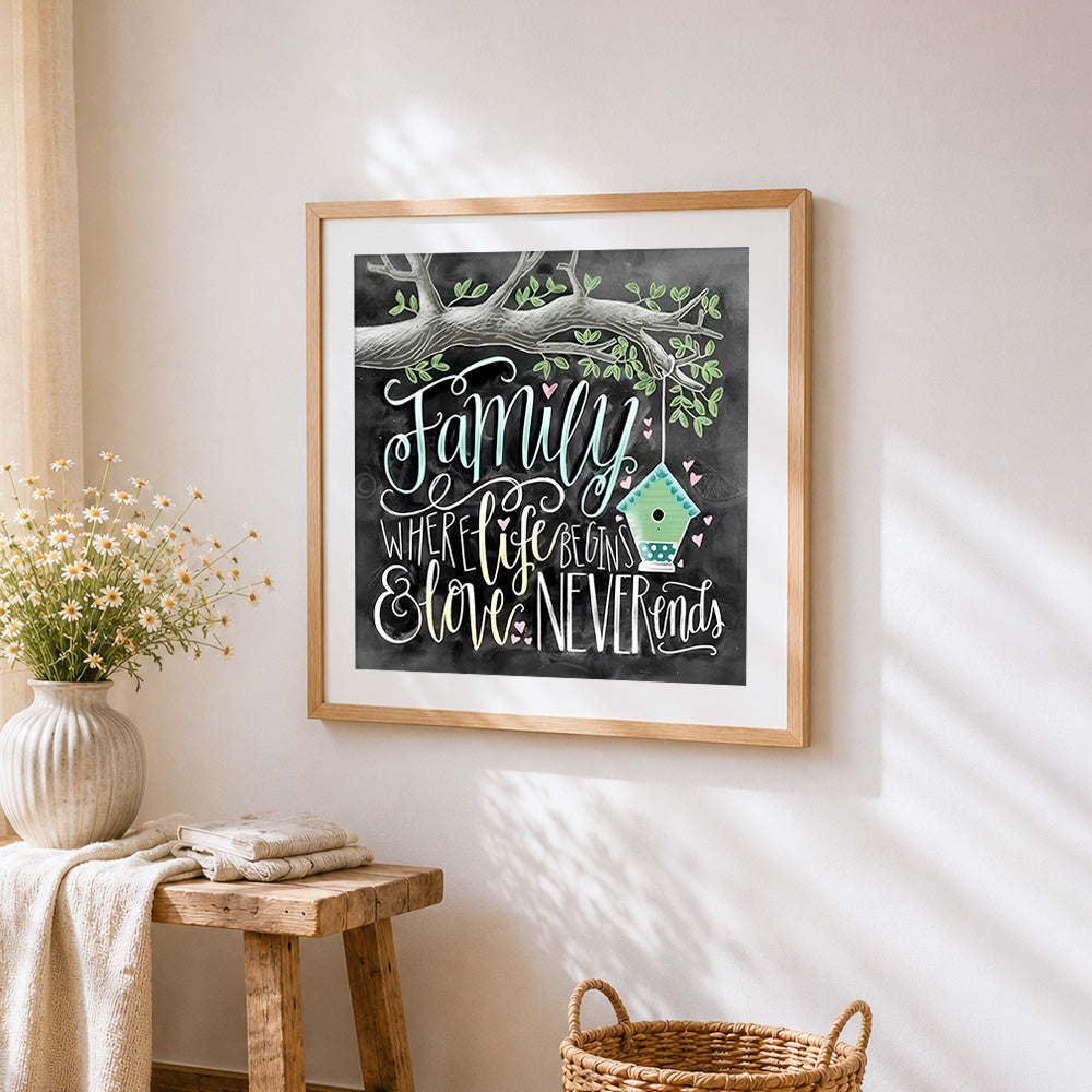 Family where life begins and love never ends cross stitch artwork displayed on wall as home decor