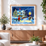 Finished family with lantern walking to snowy house cross stitch artwork displayed