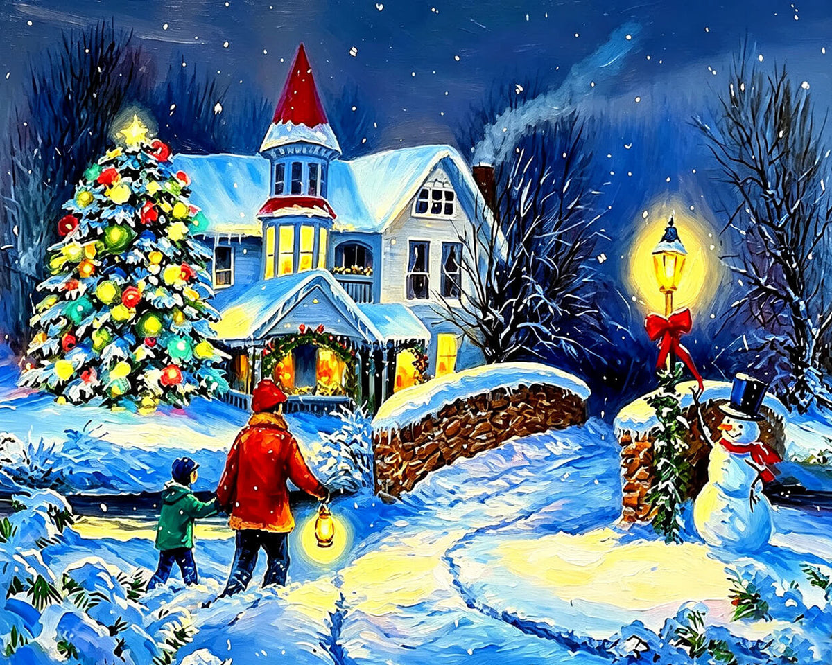 Family with lantern walking to snowy house cross stitch kit for beginners