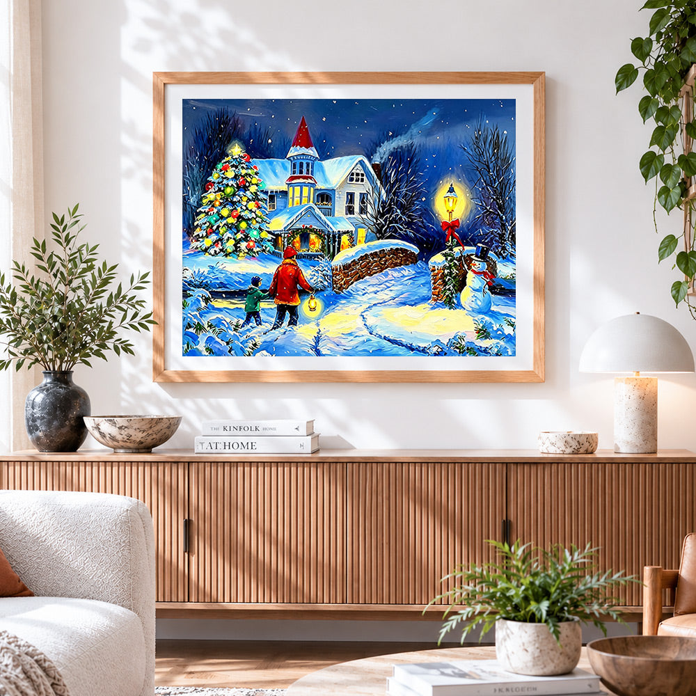 Finished family with lantern walking to snowy house paint by numbers artwork displayed as home decor