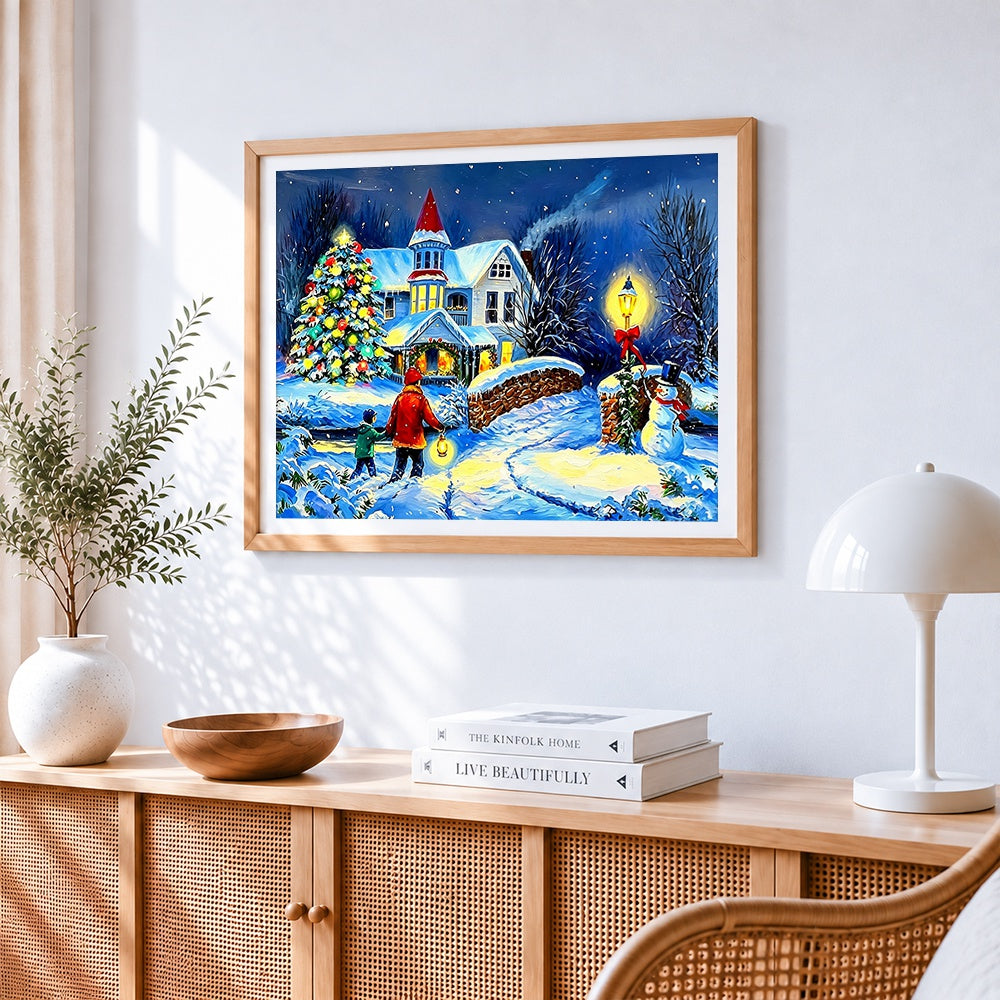 Family with lantern walking to snowy house paint by numbers artwork displayed on wall as home decor