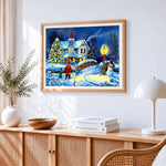 Family with lantern walking to snowy house paint by numbers artwork displayed on wall as home decor