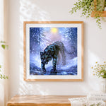 Finished fantasy black tiger in snow cross stitch artwork displayed