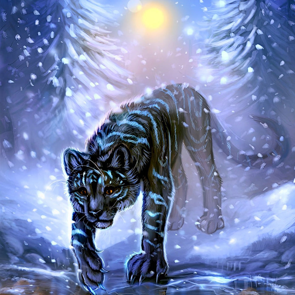 Fantasy black tiger in snow cross stitch kit for beginners