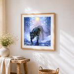 Fantasy black tiger in snow cross stitch artwork displayed on wall as home decor
