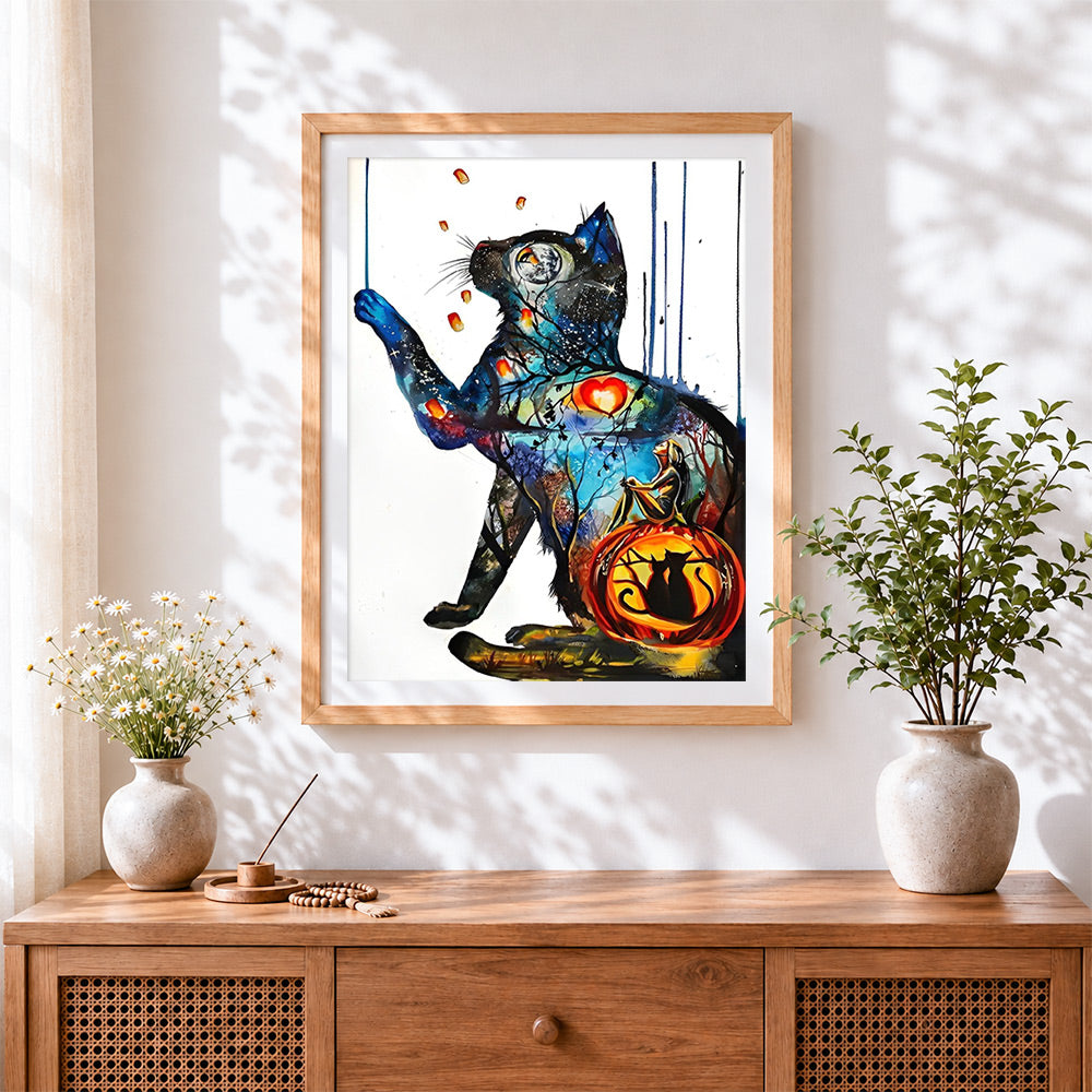 Finished fantasy cat and pumpkin cross stitch artwork displayed