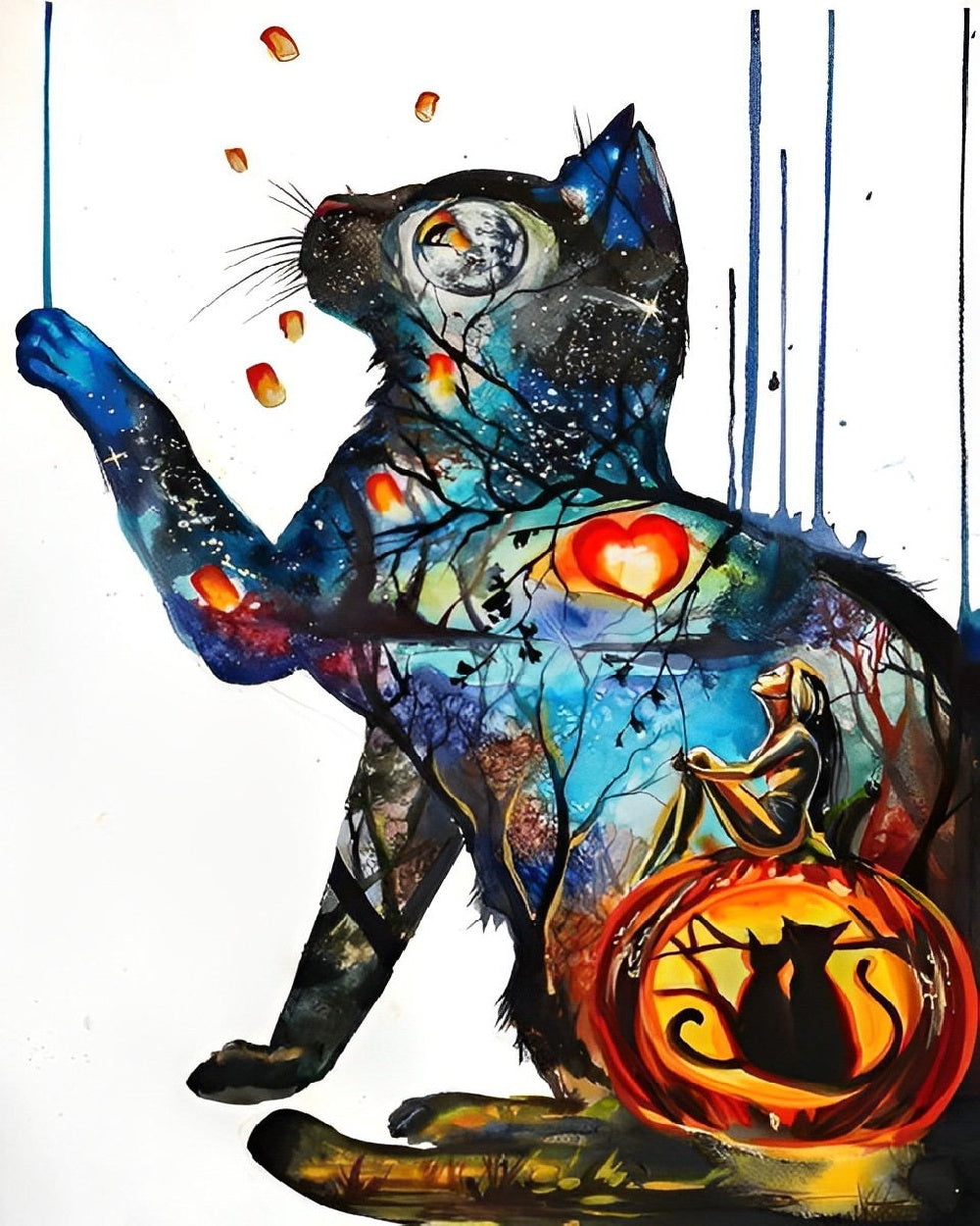 Fantasy cat and pumpkin cross stitch kit for beginners
