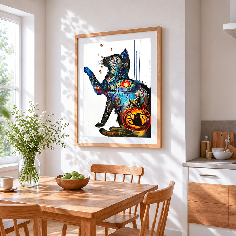 Fantasy cat and pumpkin cross stitch artwork displayed on wall as home decor