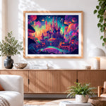 Finished fantasy colourful castle cross stitch artwork displayed