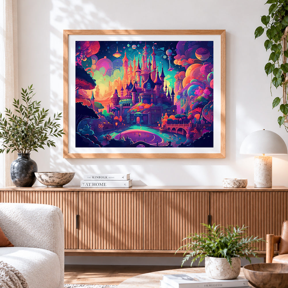 Finished fantasy colourful castle cross stitch artwork displayed