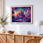 Fantasy colourful castle paint by numbers artwork displayed on wall as home decor