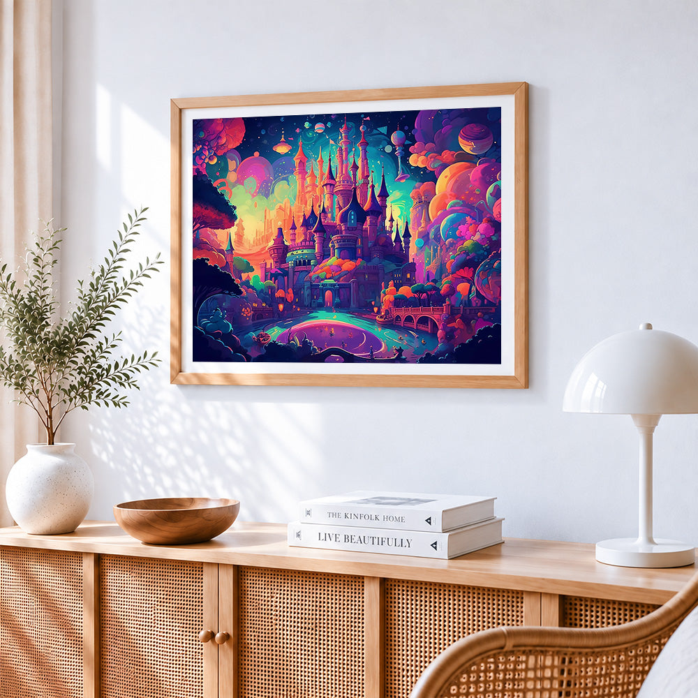 Fantasy colourful castle paint by numbers artwork displayed on wall as home decor