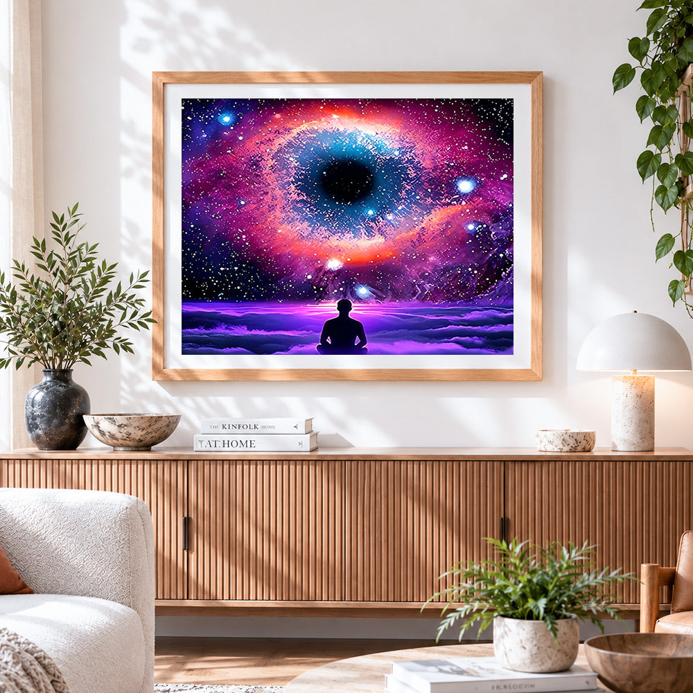 Finished fantasy cosmic eye and meditating figure cross stitch artwork displayed