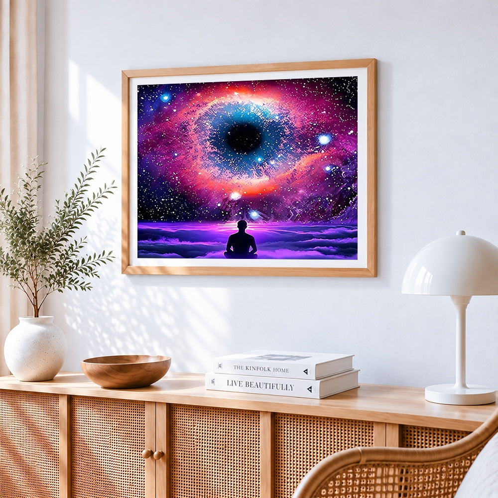 Fantasy cosmic eye and meditating figure cross stitch artwork displayed on wall as home decor