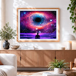 Finished fantasy cosmic eye and meditating figure paint by numbers artwork displayed as home decor