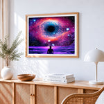 Fantasy cosmic eye and meditating figure paint by numbers artwork displayed on wall as home decor