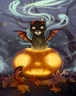 Fantasy creature on glowing pumpkin cross stitch kit for beginners
