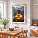 Fantasy creature on glowing pumpkin cross stitch artwork displayed on wall as home decor