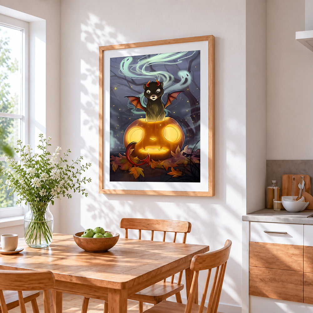 Fantasy creature on glowing pumpkin cross stitch artwork displayed on wall as home decor