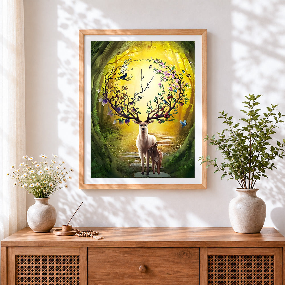 Finished fantasy deer with blossom antlers cross stitch artwork displayed