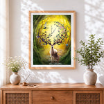 Finished fantasy deer with blossom antlers cross stitch artwork displayed