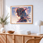 Fantasy elf warrior cross stitch artwork displayed on wall as home decor