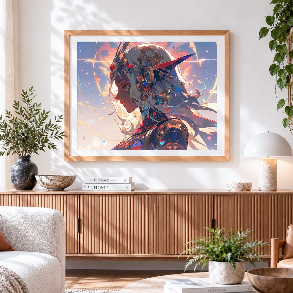 Finished fantasy elf warrior paint by numbers artwork displayed as home decor