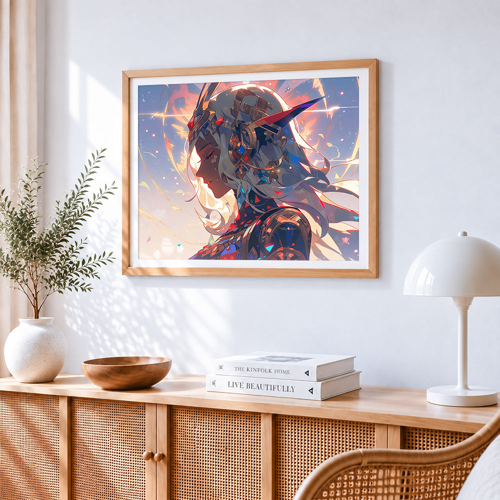 Fantasy elf warrior paint by numbers artwork displayed on wall as home decor