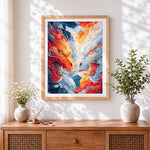 Finished fantasy fire and ice dragons cross stitch artwork displayed
