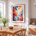 Fantasy fire and ice dragons cross stitch artwork displayed on wall as home decor
