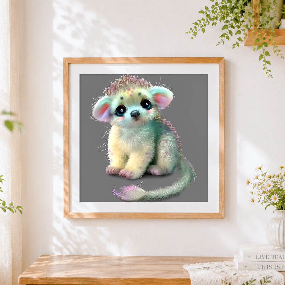 Finished fantasy fluffy creature cross stitch artwork displayed