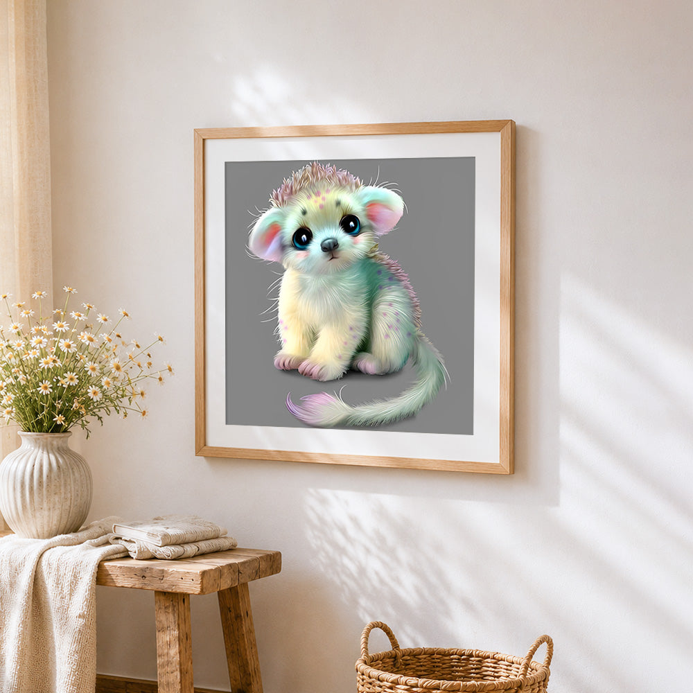 Fantasy fluffy creature cross stitch artwork displayed on wall as home decor