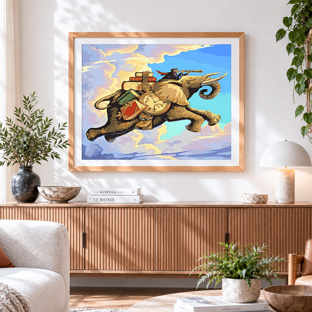 Finished fantasy flying elephant adventure cross stitch artwork displayed