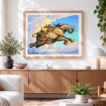 Finished fantasy flying elephant adventure cross stitch artwork displayed