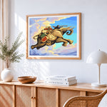 Fantasy flying elephant adventure cross stitch artwork displayed on wall as home decor