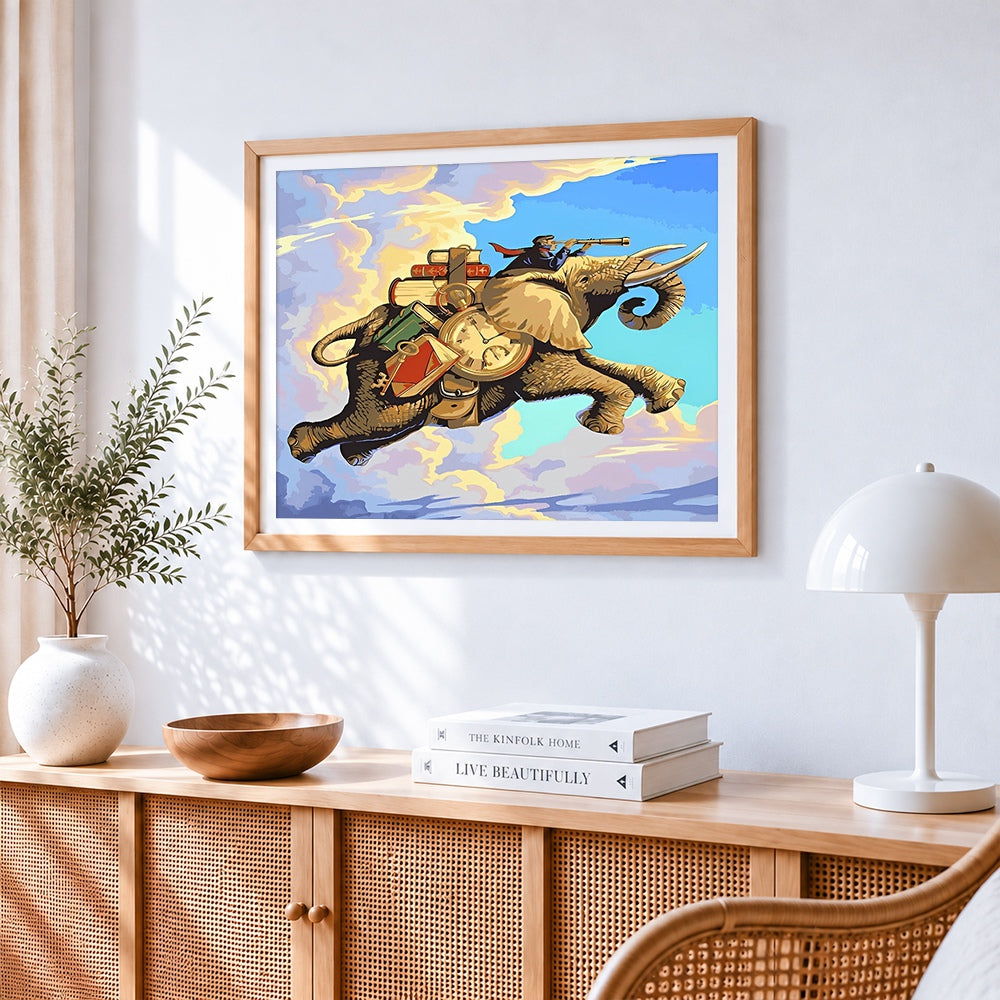 Fantasy flying elephant adventure cross stitch artwork displayed on wall as home decor