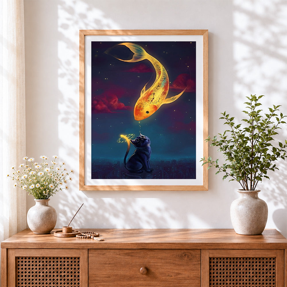 Finished fantasy koi fish and cat cross stitch artwork displayed