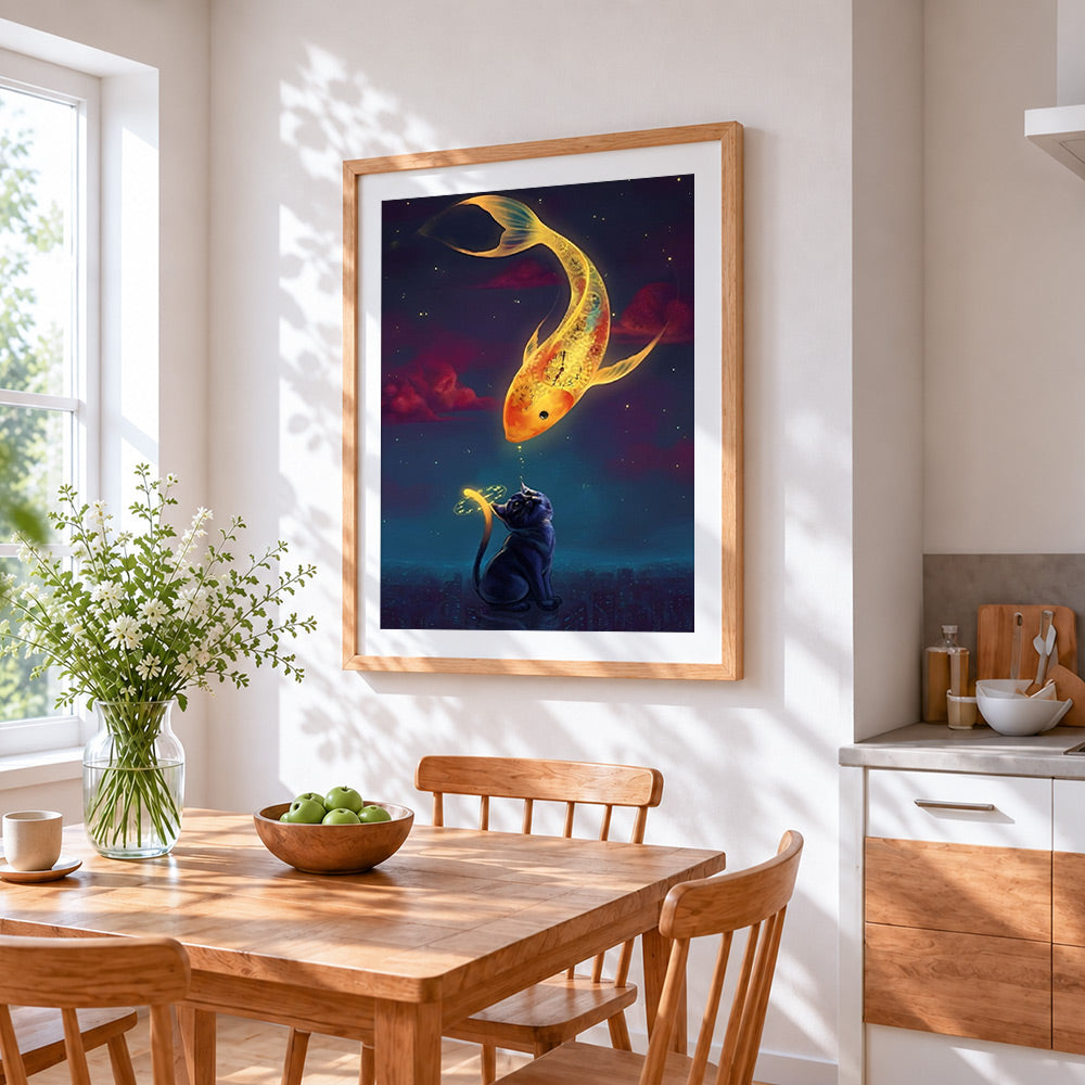 Fantasy koi fish and cat cross stitch artwork displayed on wall as home decor