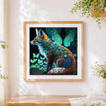 Finished fantasy leaf fox and butterfly cross stitch artwork displayed