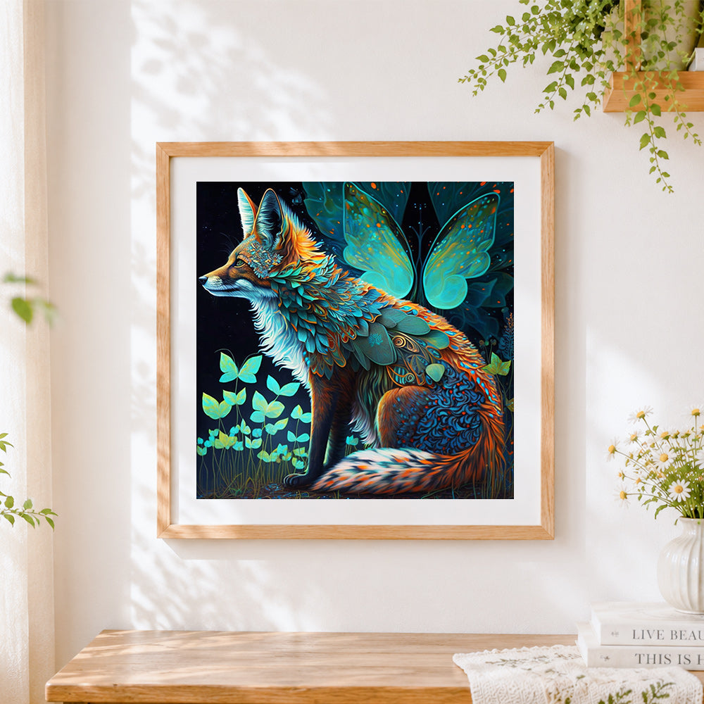 Finished fantasy leaf fox and butterfly cross stitch artwork displayed