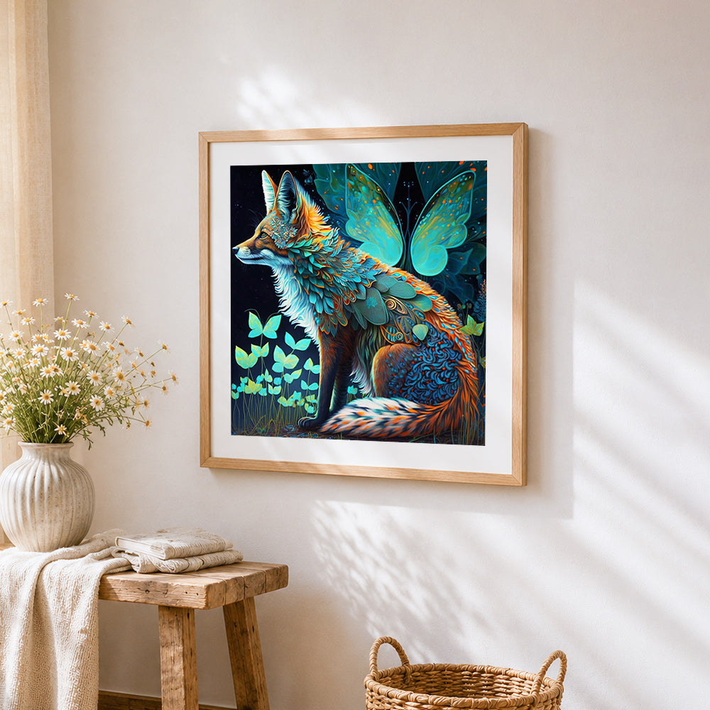 Fantasy leaf fox and butterfly cross stitch artwork displayed on wall as home decor