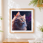 Finished fantasy longhaired cat cross stitch artwork displayed